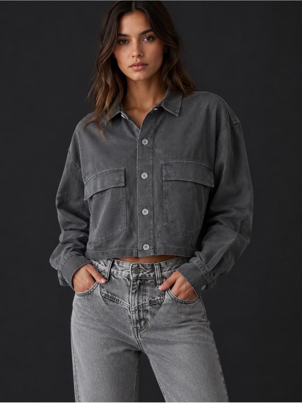 Vuori Mackenzie Cropped Shirt Jacket M Washed Black Cotton Utility Shacket Chic